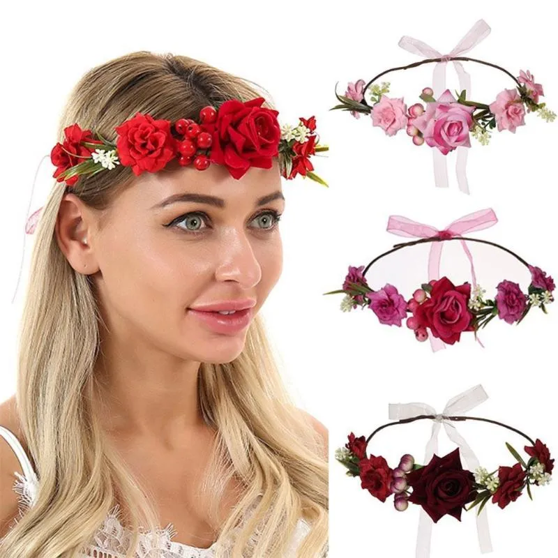 Hårklipp Barrettes Flower Bridal Headbands är mer charmig och vacker simulering tyg färg ros bohemian krans huvudbonad
