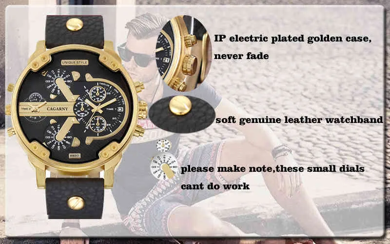 luxury brand cagarny quartz watch for men watches golden case dual time zones dz style watches (1)