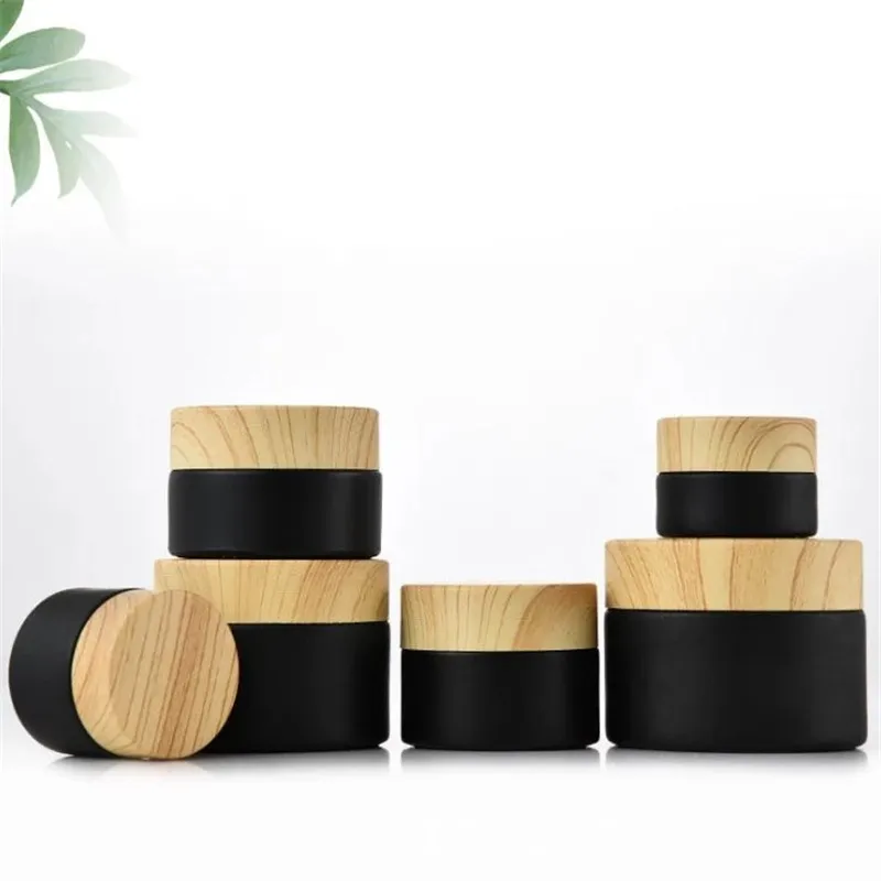 5g 10g 15g 20g 30g 50g Black Frosted Glass Jar Cosmetic Bottle Empty Makeup Container Packing with Imitated Wood Grain Lids and Inner Liner