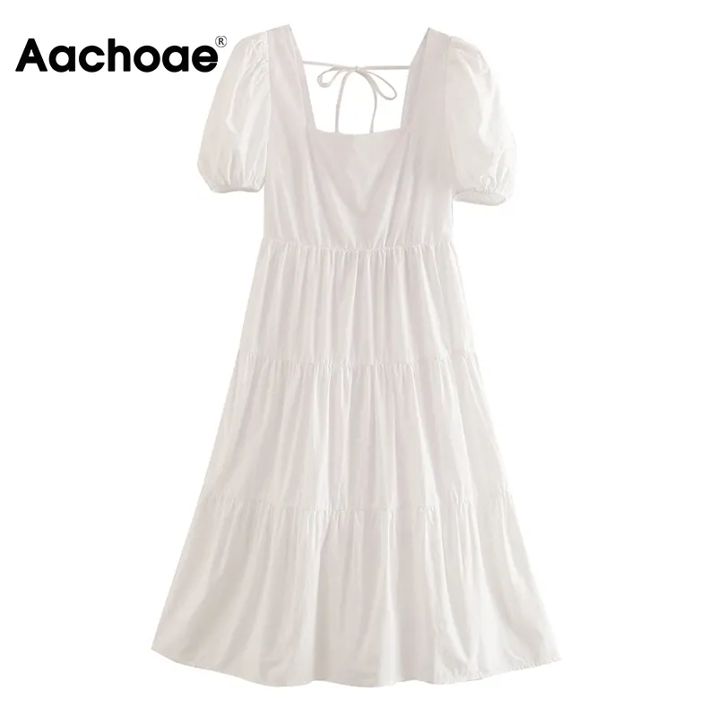 Aachoe Women A Line White Bawełna Midi Sukienka Łuk Krawat Hollow Out Słodkie Sukienki Kwadratowy Kołnierz Krótki Rękaw Casual Sundress 210413