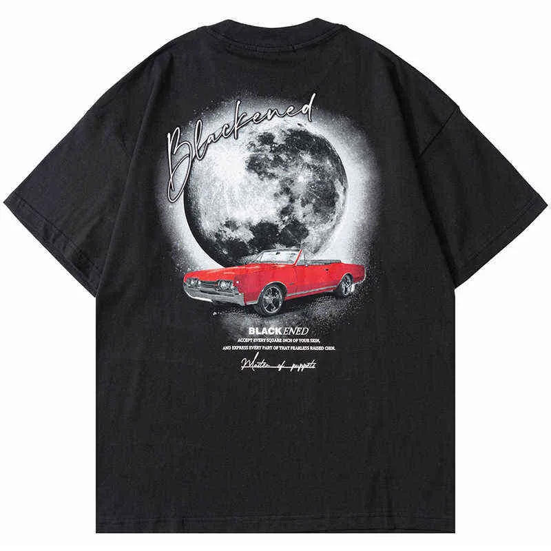 2022男性の特大半袖Tシャツヒップホップの車の手紙プリントTシャツストリートウェア原宿コットンルーズTシャツトップスティーG1217