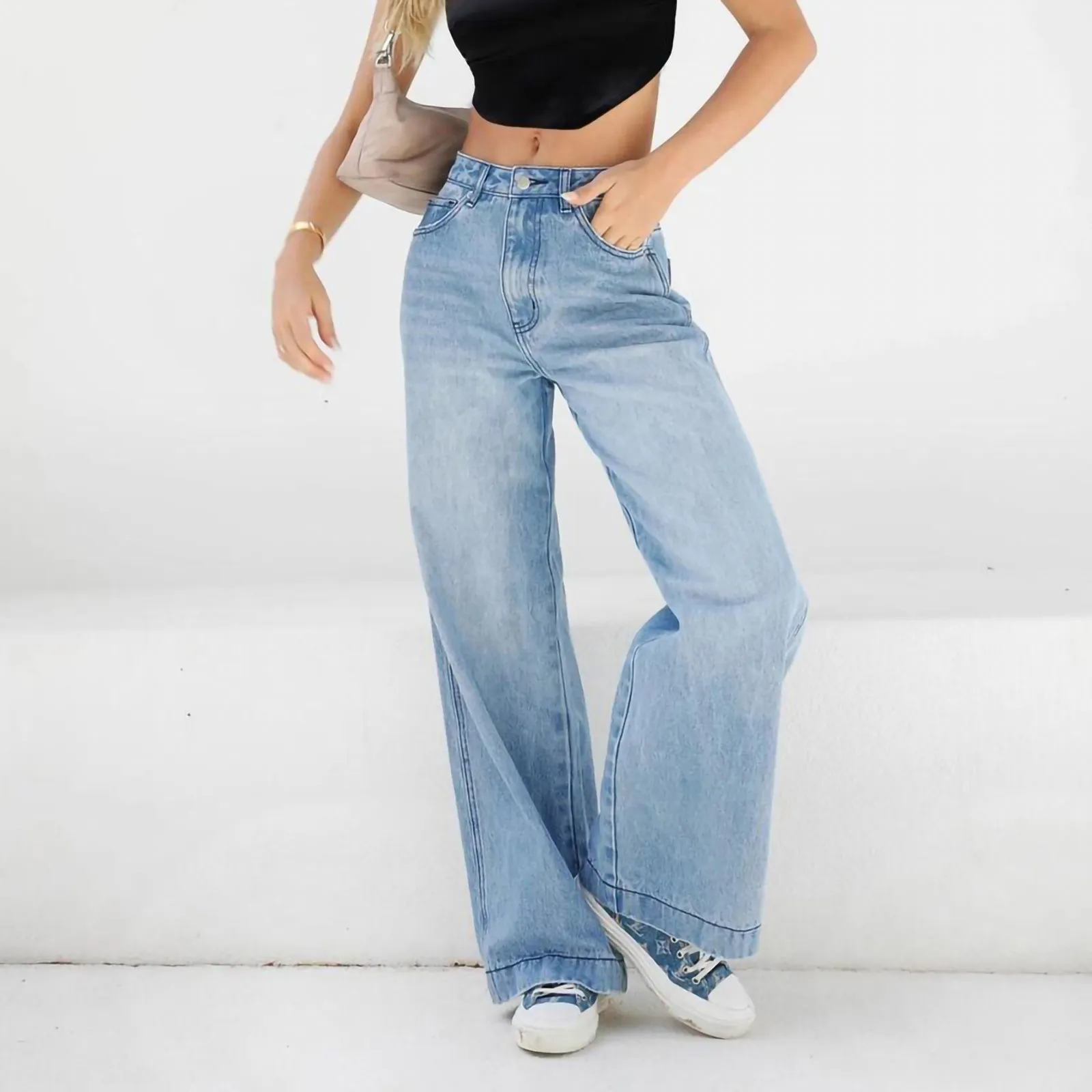 Jeans Fille Taille Haute Jambes Larges - Style Coréen Décontracté, Coupe Ample, élastique à La Taille