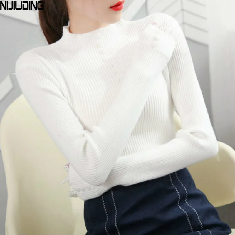 Casual Button Sweater Women Half Turtleneck Solid Höst Kvinna Sticka Pullovers Långärmad Lace Sleeves Toppar 210514
