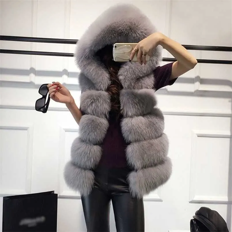 Mouwloos Nepbont Vest Winter Casual Bovenkleding Vrouwelijke Effen Nep Capuchon Overjassen voor Lady Fashion Femme 211110