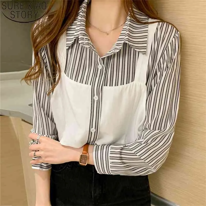 Coréen élégant mode chemise à manches longues femmes chemises à rayures automne lâche faux deux pièces col rabattu hauts Blusas 10778 210506