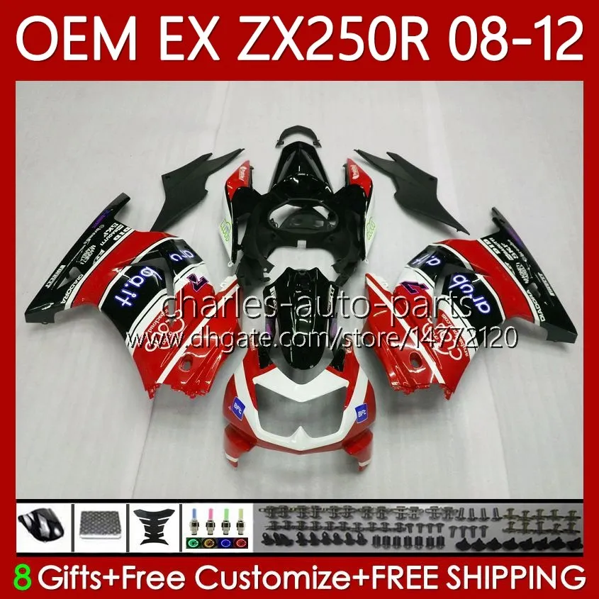 川崎忍者EX250 EX-250 ZX250 RE EX ZX 250R 08 09 10 11 12 81NO.176 2008  -  2012年ZX250R 2008 2009 2010 2011 2012 OEMフェアリングファクトリーレッドBLK