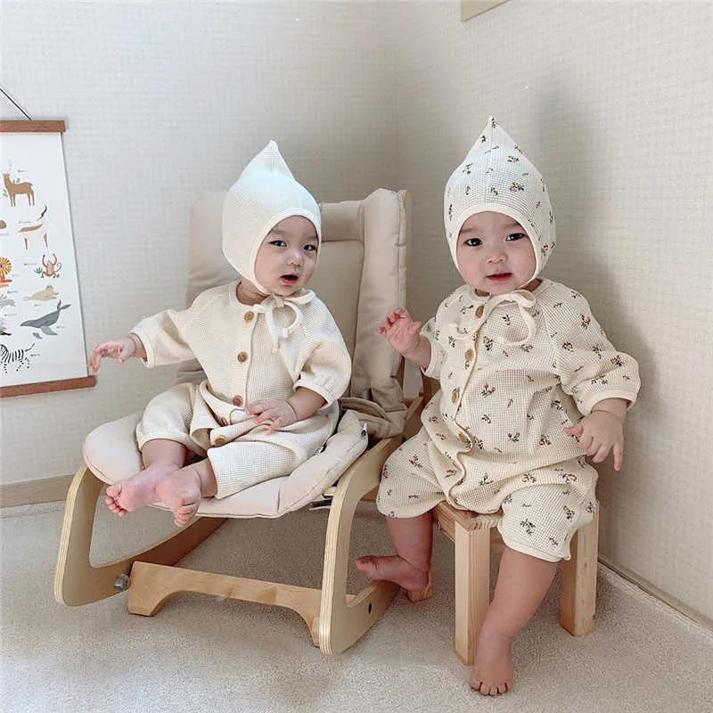 Mode baby jongens meisjes kleding katoen lange mouw baby rompertjes met hoed peuter kinderen pyjama kleding set 210615