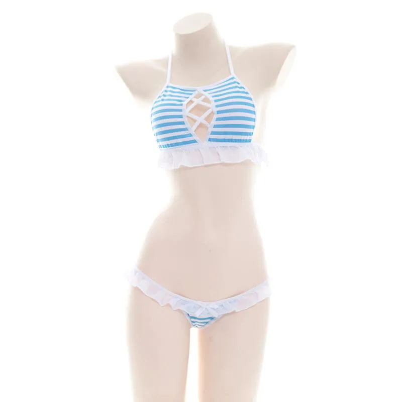 Hot Cute Japanese Style Blue&pink Stripe Panties Bikini Cosplay Cotton  Underwear 