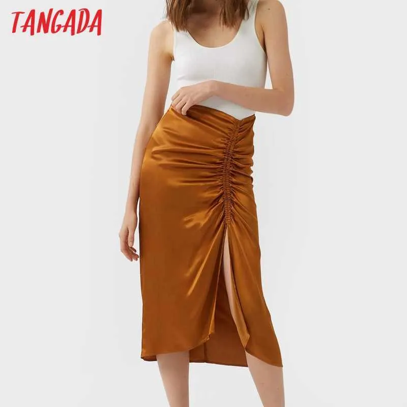 Tangada Kvinnor Pläterad Orange Satin Midi Skirt Zipper Office Ladies Elegant Chic Mid Calf Kjolar BC18 210609