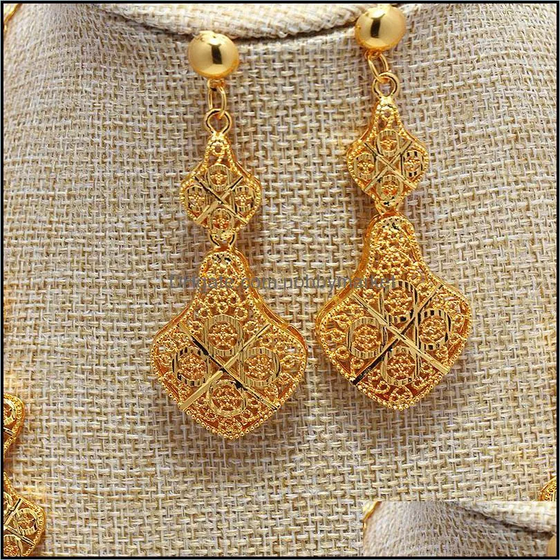 Dubai India Gold Color Jewelry Sets For Women African Flower Necklace Earrings Party Wedding Bridal Accessories 201215