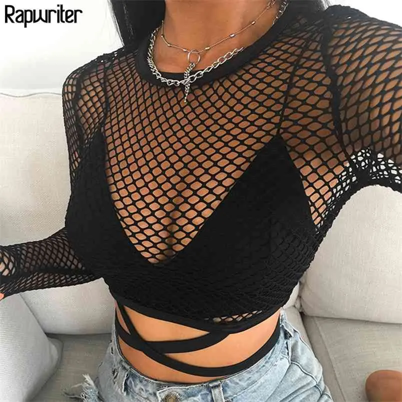 Sexy See Through Hollow Out Lace Up Perspective Mesh Fishnet Tee Femmes Cross Bandage Tops à manches longues T-shirt 210510