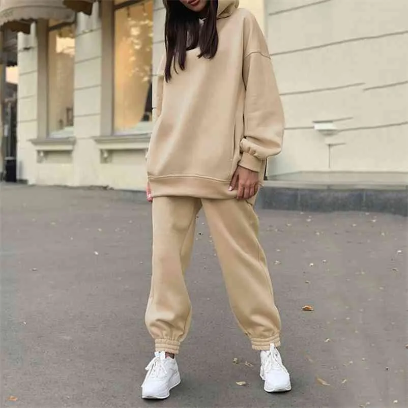 Damska daszka Casual Fleece Dwa Zestawy Oversized Kapturem Z Długim Rękawem Kobiet Kapturem Kartuar Zimowy Spodnie Spodnie Damskie Zestaw 210727