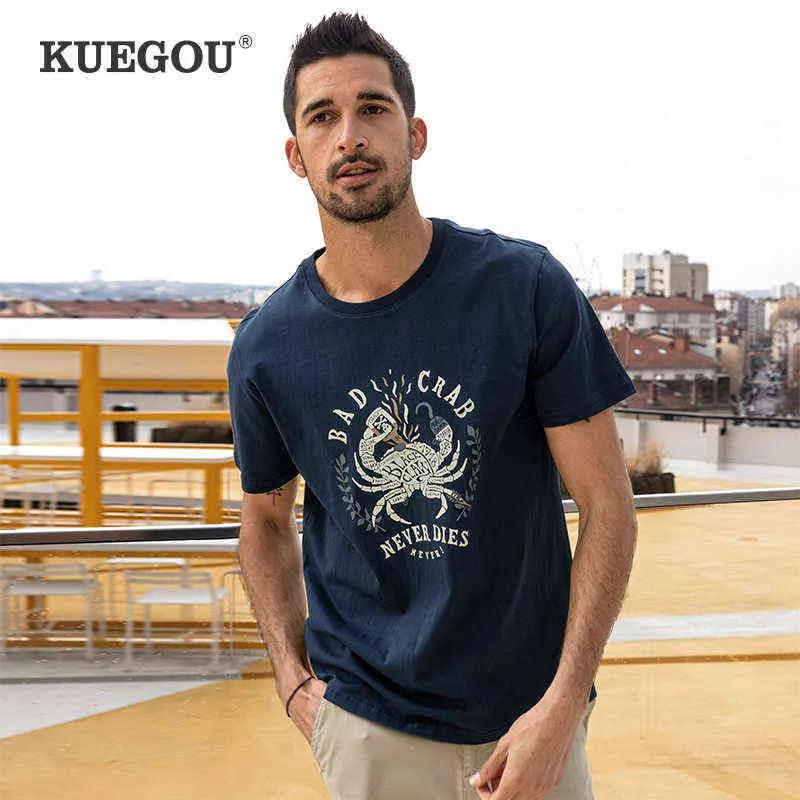 KUEGOU 100% coton mode T-shirt de haute qualité hommes T-shirt à manches courtes mauvais crabe imprimé Streetwear haut d'été grande taille 90012 G1229