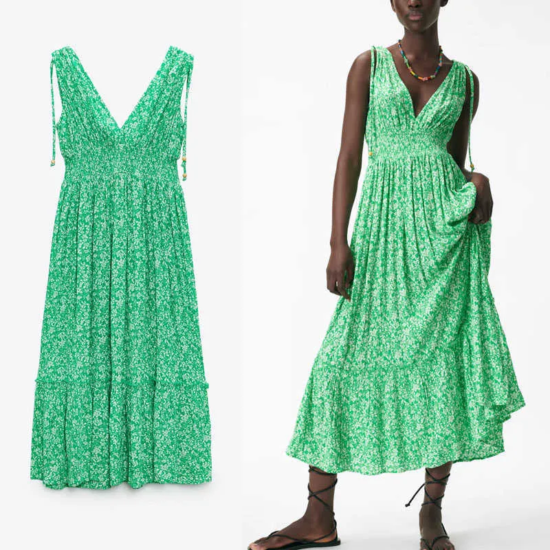 ZA Summer Impression longue robe verte Femmes sans manches sans dos Sexy plissé de soirée robes de taille élastique Robes à la taille élastique 210602