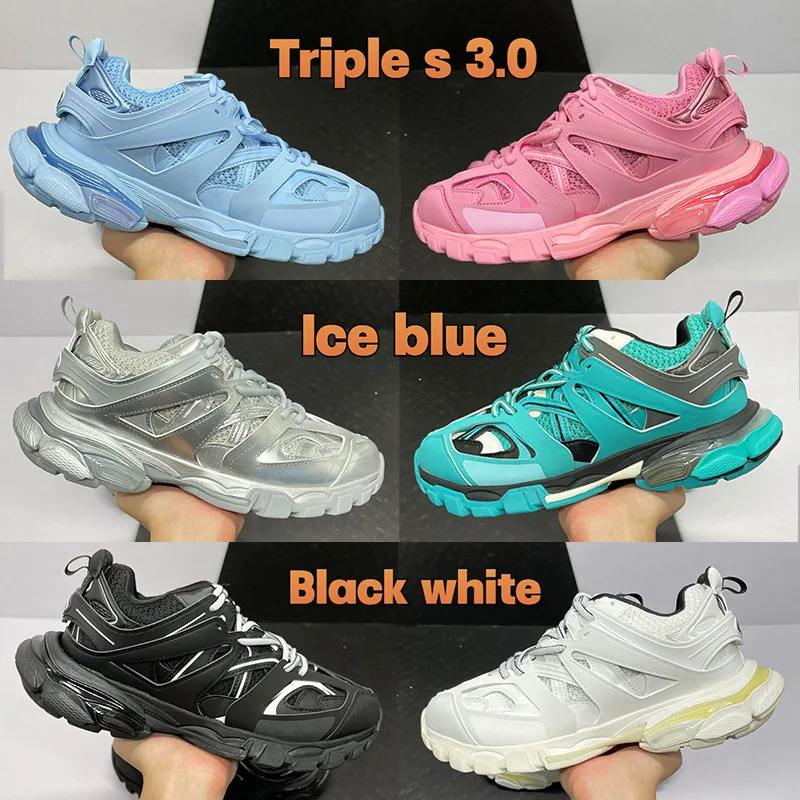 Top Triple S 3.0 Paris Casual Shoes Metallic Sivler Ice Blue Black White Yellow Bourgogne Pink Navy Royal Grey Men Women Sneakers