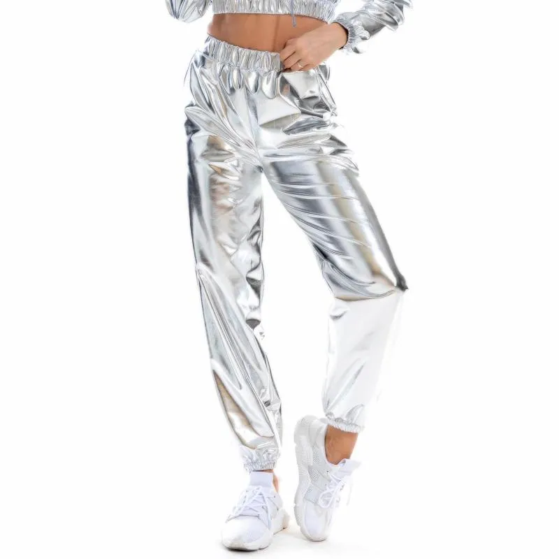 Metallic glanzende jogger broek vrouwen harem hiphop hoge getailleerde glanzende streetwear elastische broek mode holografische broek # F30 vrouwen C