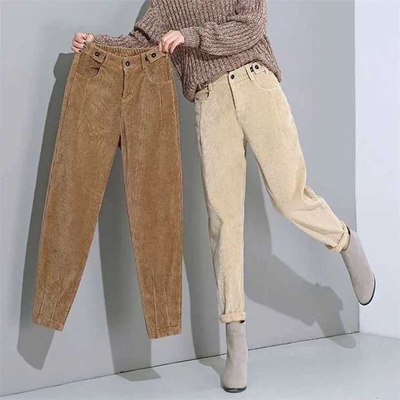 Lucyever automne hiver décontracté chaud pantalon élégant velours côtelé harem femme vintage marron bouton taille haute pantalon 211124