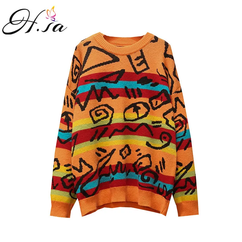H.SA Camisola e Knitwear Mulheres Inverno Pullovers Casual Graffiti Long Oversized Jumpers Orange Blue Knit Chic Blusas 210417