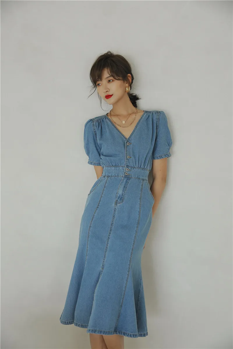 Blue Denim Mermaid Denim pinafore dress with Puff Sleeves and V-Neck for Women - Short A-Line Midi Style Summer Tunic (210427)