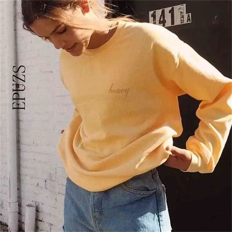 miel brodé Femmes Sweat à manches longues jaune Pull vintage coton lâche Hoodies Hiver streetwear Femme 210521