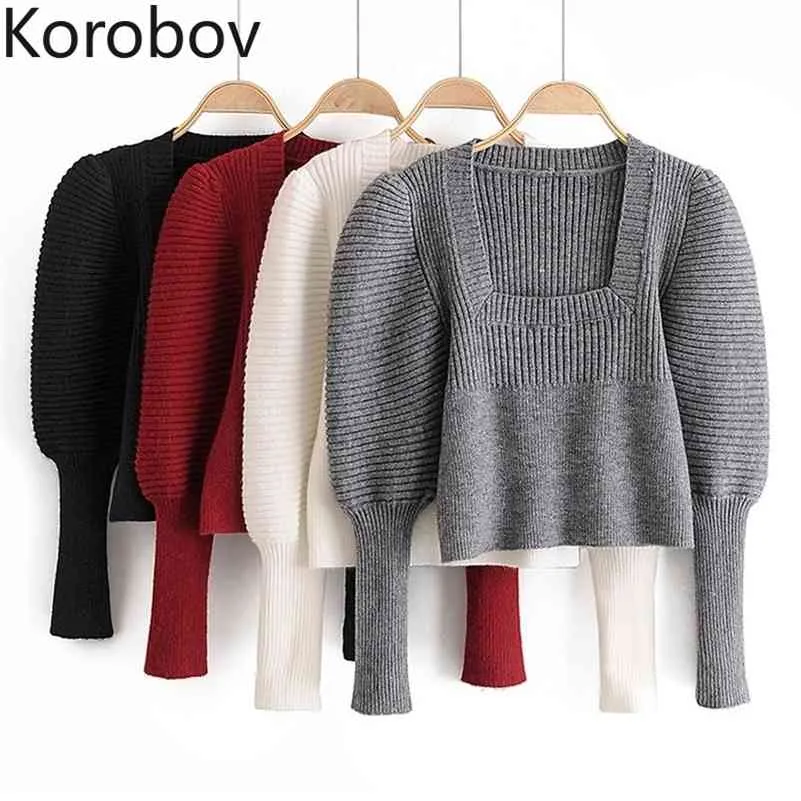 Korobov Vintage Elegant Square Collar Puff Sleeve Kvinnor Tröjor Koreanska Streetwear Crop Pullovers Office Lady Solid Sueter Mujer 210430