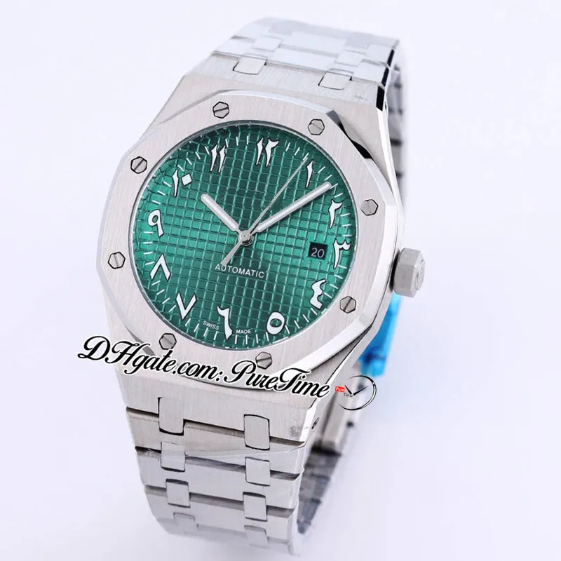 41mm 15400 A21J Automatisk mens Watch Green Texture Dial Silver Arabic Script Markers Mellanöstern Version Rostfritt Stål Armband Puretime B01A1