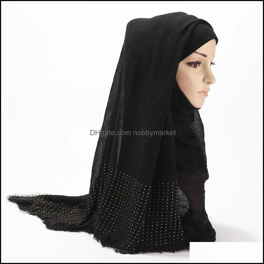Écharpes Wraps Chapeaux, Gants Mode Aessories Écharpe en coton pour femme avec diamant uni Hijab Foulard pour femme Wrap Fringe Crumple Muslim Shaw