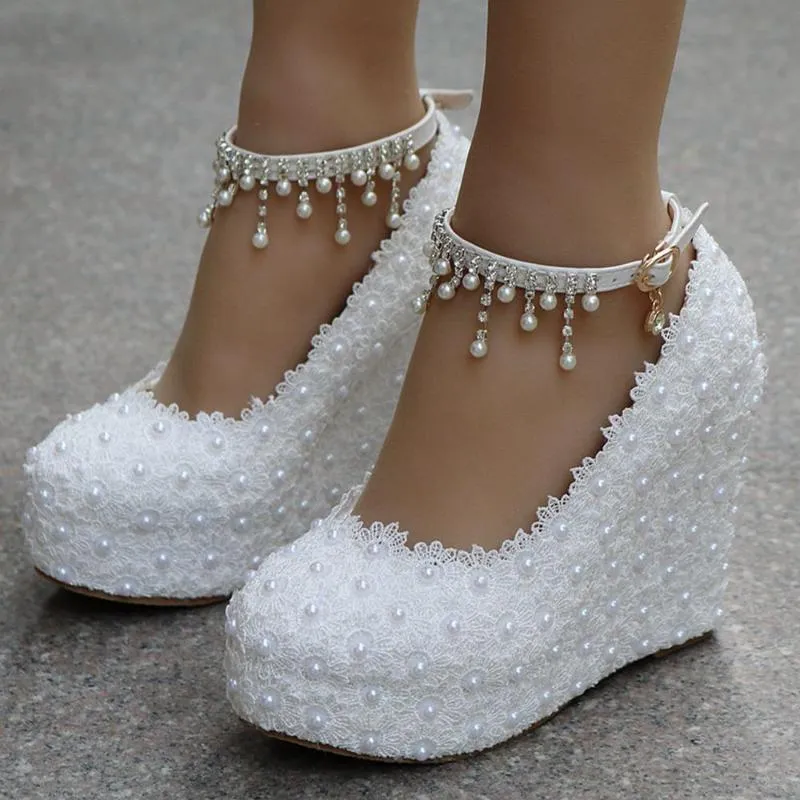 Chaussures habillées Parti Wedges Mariage Nuptiale Douce Fleur Blanche Dentelle Perle Plate-Forme Pompe Mariée Talons Hauts Demoiselle D'honneur