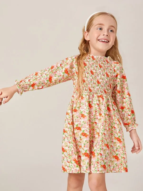 Toddler Girls Floral Print Flounce Sleeve Shirred Dress SHE01