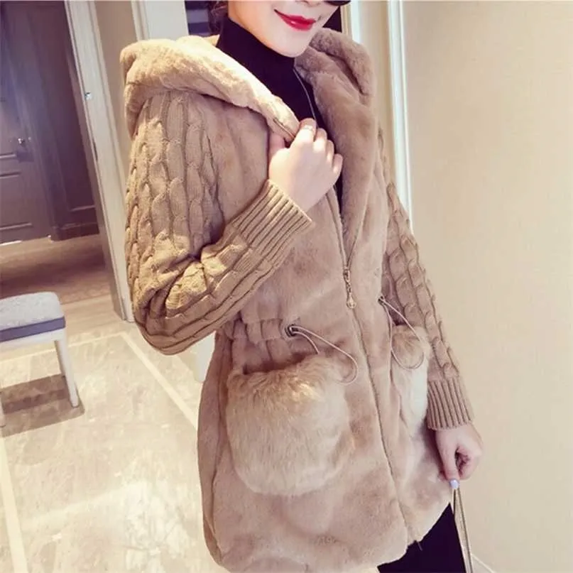 Giacca invernale da donna Cappotto con cappuccio Furry Pelliccia sintetica Maglione lavorato a maglia Capispalla caldo Donna Casual s jaqueta 211025