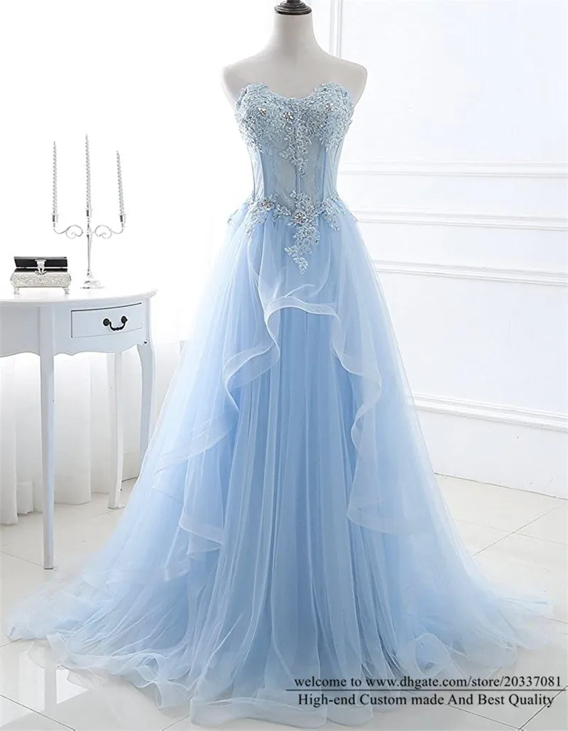 Sweety Princess Sequins Light Blue A-Line Formal Evening Dresses 2021 Lace Up Sweetheart Appliques Crystal Tulle Cocktail Prom Party Gowns E29