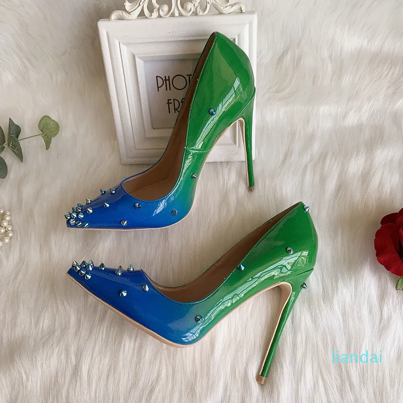 Kobiety Pompy Gradient Kolor Green Blue Patent Leather Spikes High Heels Sandals 12 CM 10 cm Nowy