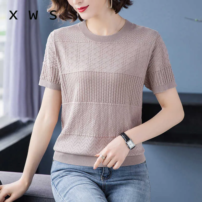 Sommer Häkeln Aushöhlen Pullover Frauen Gestrickte Dünne Damen Tops Kurzarm Casual Damen Pull Oansatz Jumper Weibliche 210604