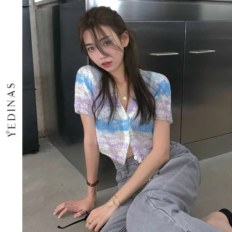 Yedinas Korean Style Tie Tye Crop Top Cardigan T Camiseta Mulheres Manga Curta camisetas Senhoras Y2K 90s Knitwear Verão Tees 210527