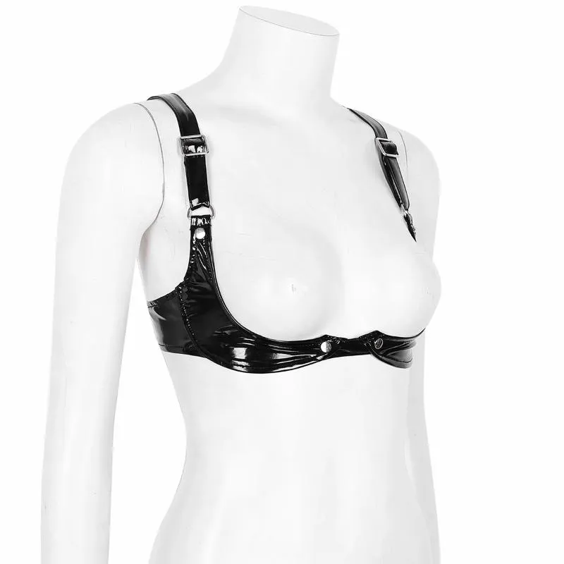 Womens Open Cup Shelf Bra, Wetlook Faux Leather Lingerie