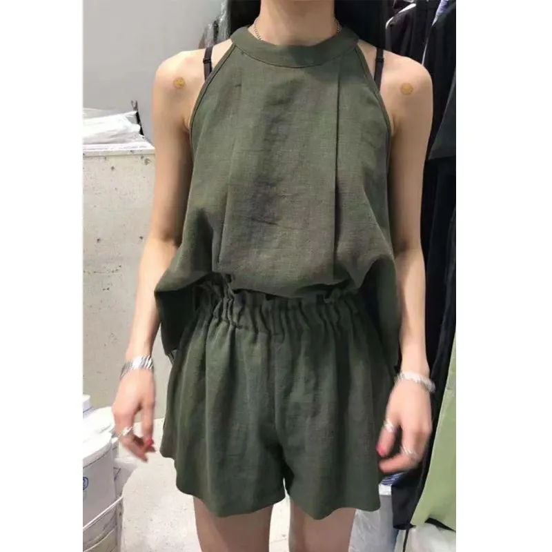 Summer Solid Women's Cotton Linen Shorts Set Casual Green O Neck Sleeveless Vest Top Fashion Two Piece Female 210514