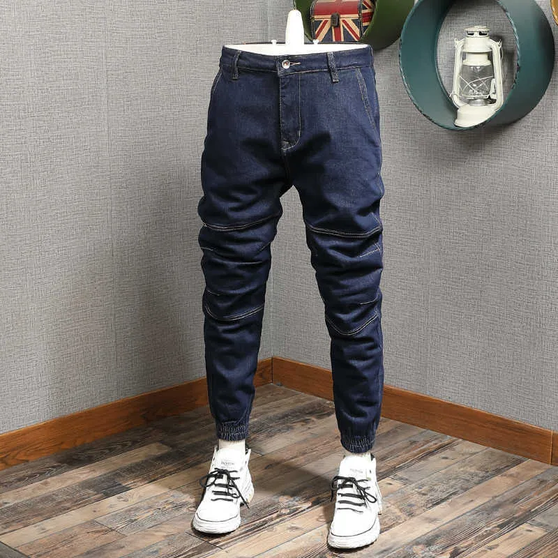 Ly Fashion Streetwear Uomo Jeans Vintage Blu Scuro Loose Fit Pantaloni Cargo Casual in Denim Pantaloni Hip Hop Stile Giapponese HVWZ
