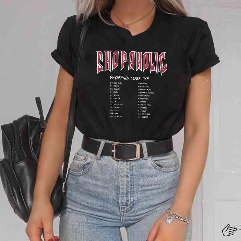 Kvinnor t shirt shopaholic hajuku estetisk grafisk boxig tee sommar mode kortärmad grunge stil bomull hipster toppar gata 210518