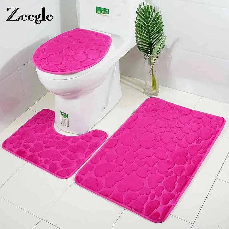 Zeegle Embossing Bathroom Carpet Toilet Floor Mat 3D Bathroom Mat Toilet Rugs Anti-slip Mat Shower Room Mats Toilet Cover Set