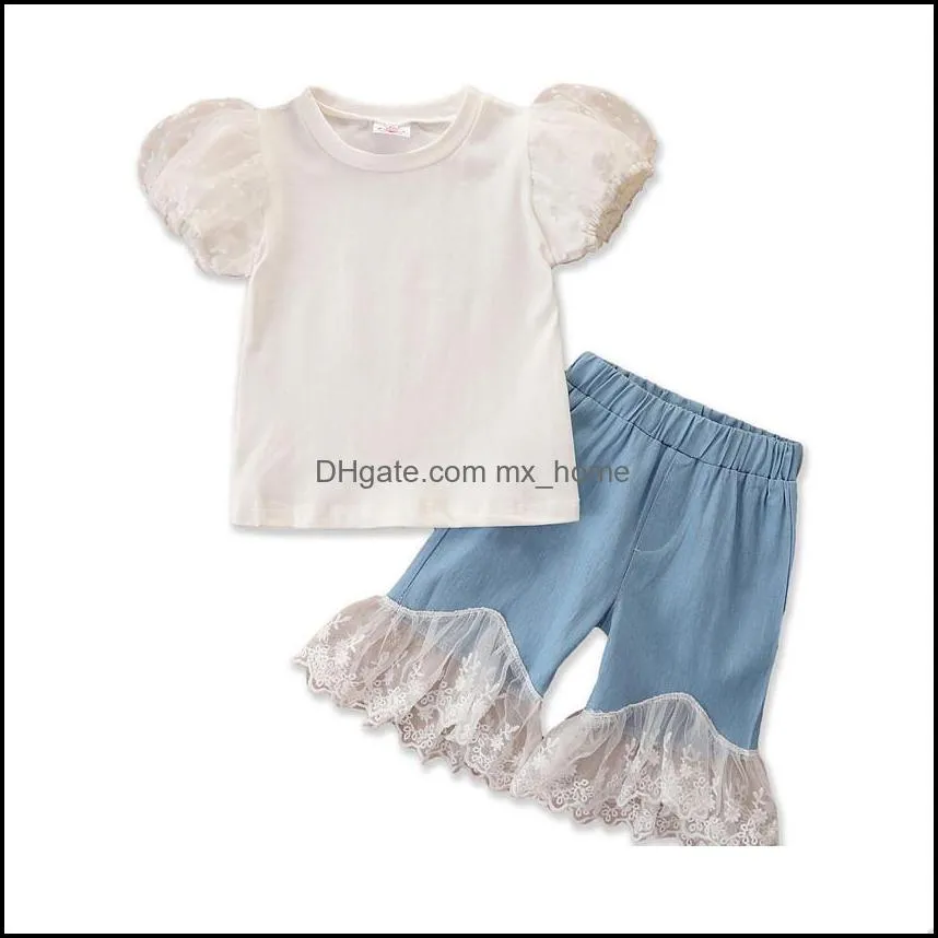 kids Clothing Sets Girls outfits Children Hollow Puff Sleeve Tops+Lace pants 2pcs/set summer fashion Boutique baby clothes Z5528