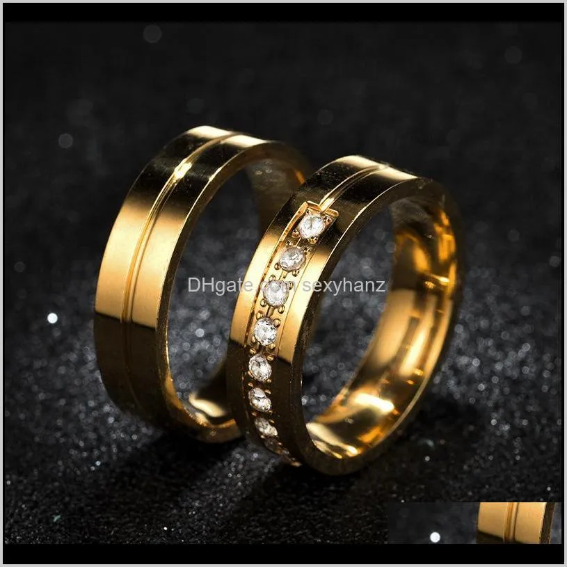 Gold Stainless Steel Groove Diamond Engagement Wedding Band Ring Mens Women Rings Fashion Jewelry Will And Sandy Drop Wy8C Em2Ux