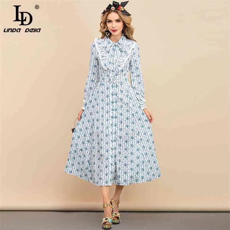 Été piste bohême vacances robe femmes à manches longues à volants élégant imprimé à rayures florales femme Midi 210522