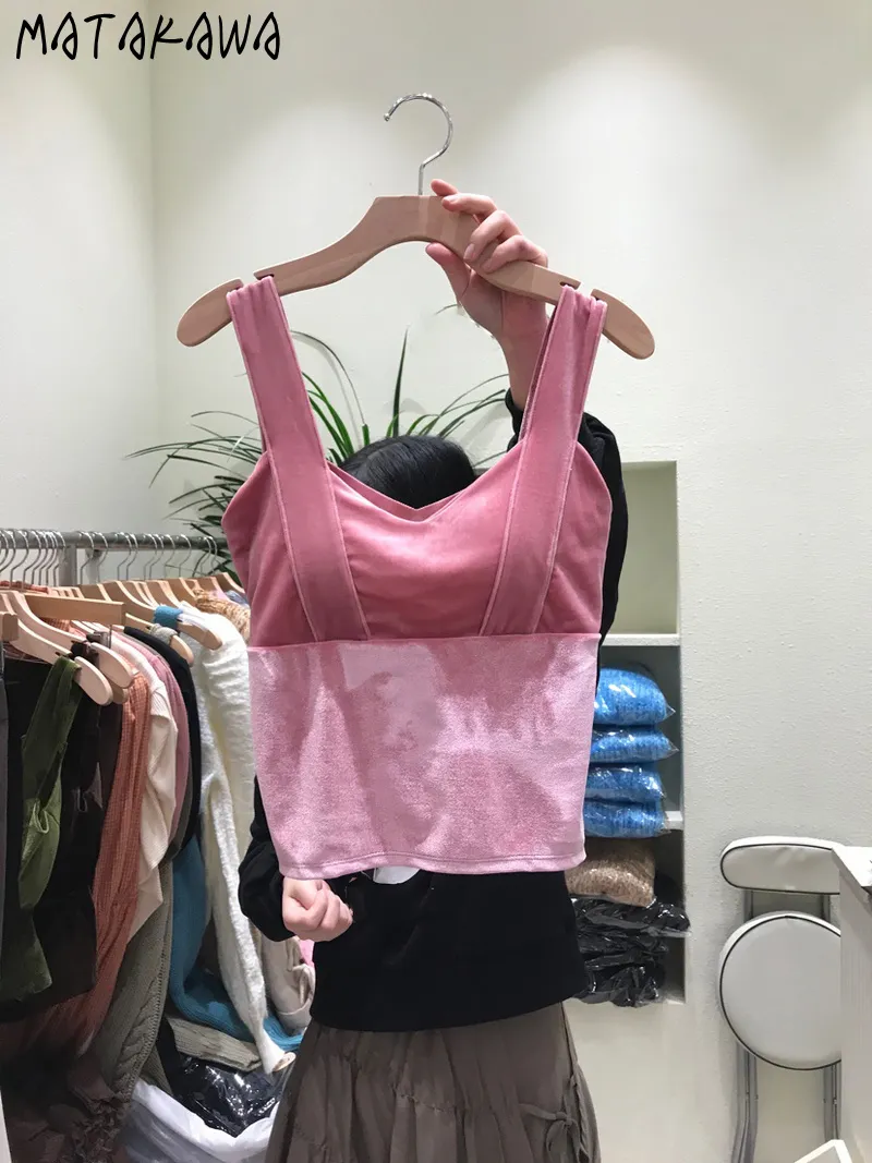 MATAKAWA Candy Color Woman Tank Top Korea Spring Camis Velvet Slim Bottoming Sling Short Vest Women Corset Top 210513