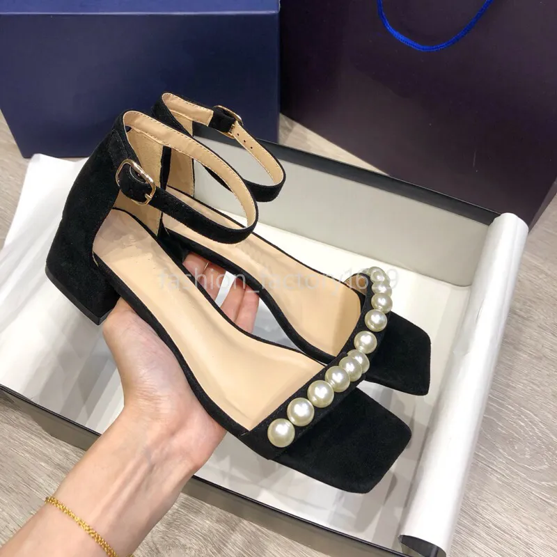 Summer women`s sandals spring and autumn leather fashion office Pearl Roman shoes metal buckle thick heel designer style elegant high heels 4cm