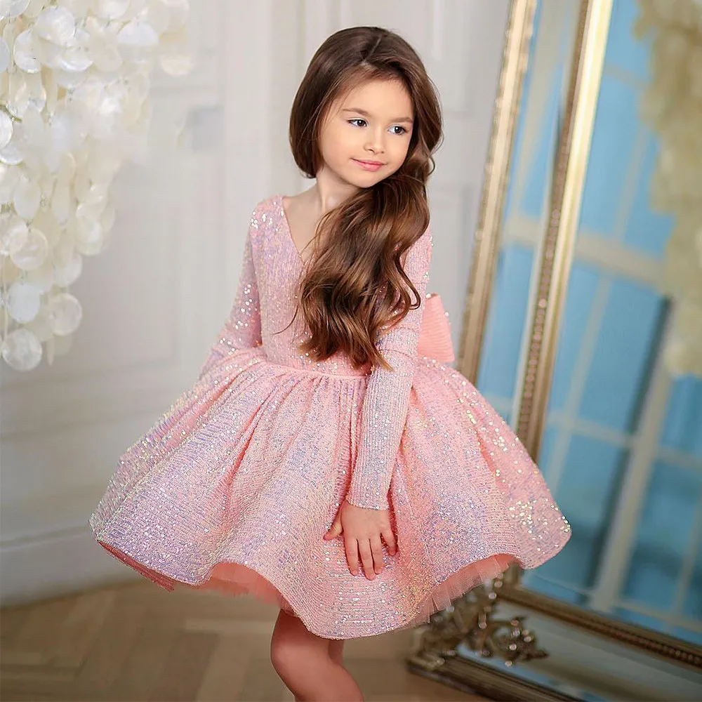 Różowy koronki Zroszony Kwiat Girl Dresses Sheer Neck Tulle Little Wedding Communion Pageant 02