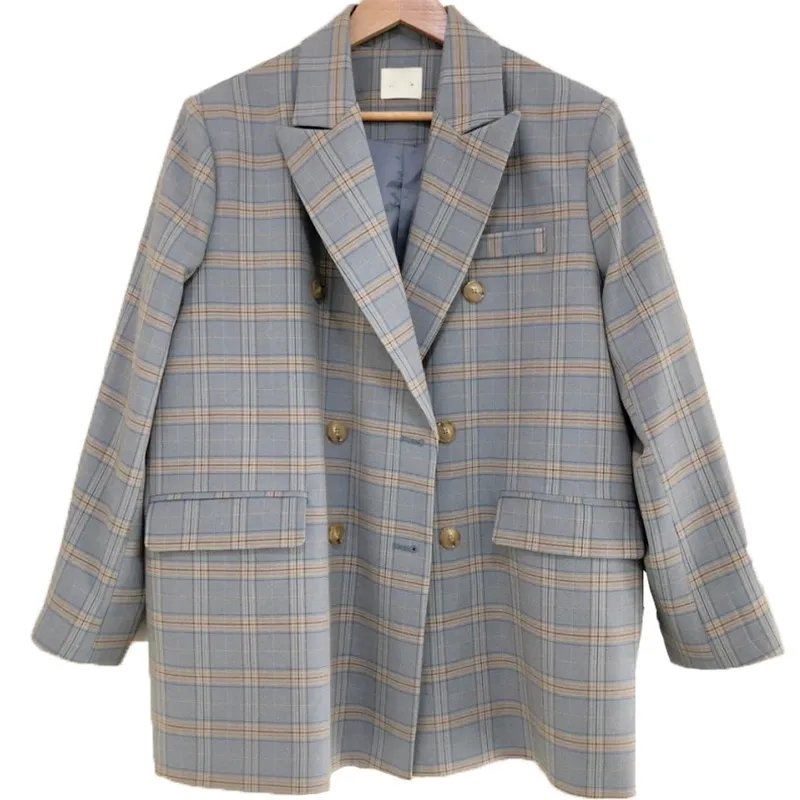 Blue Khaki Plaid Notch Collar Lange Mouw Dubbelbreested Pocket Losse Suit Slim Fit Vintage Casual Blazer C0123 210514