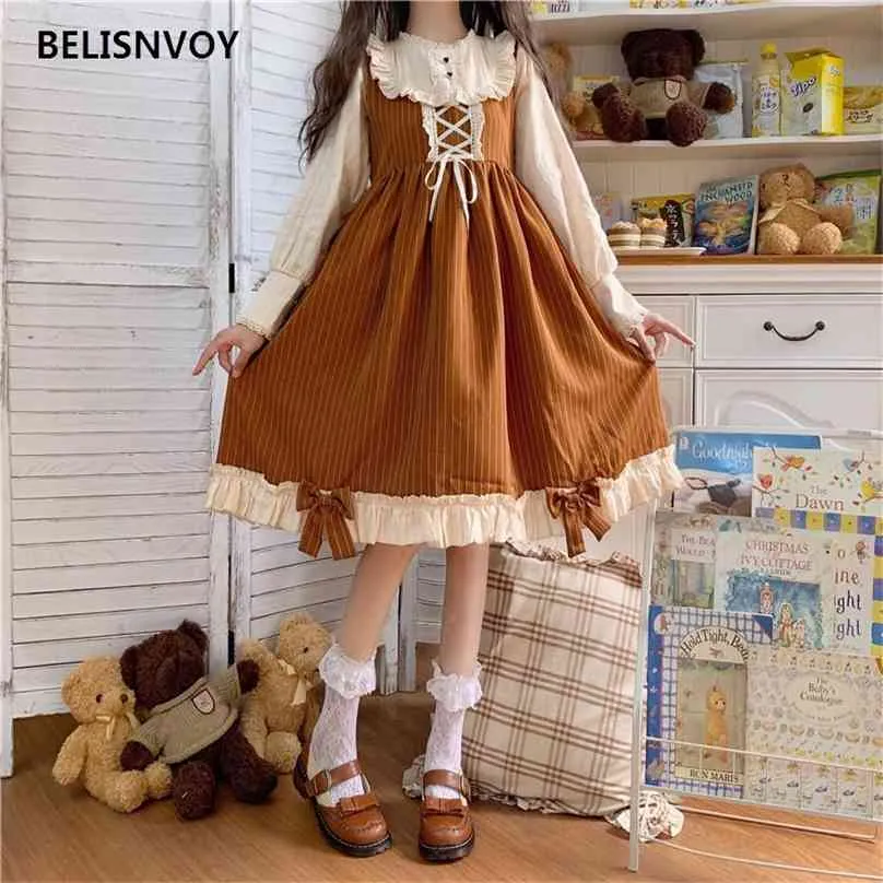 Japanese Ropa De Mujer Costumes Kawaii Lolita Cosplay Dress Sweet Soft Girl Bow Long Sleeve Cute Ruffles Brown Striped Dresses 210520