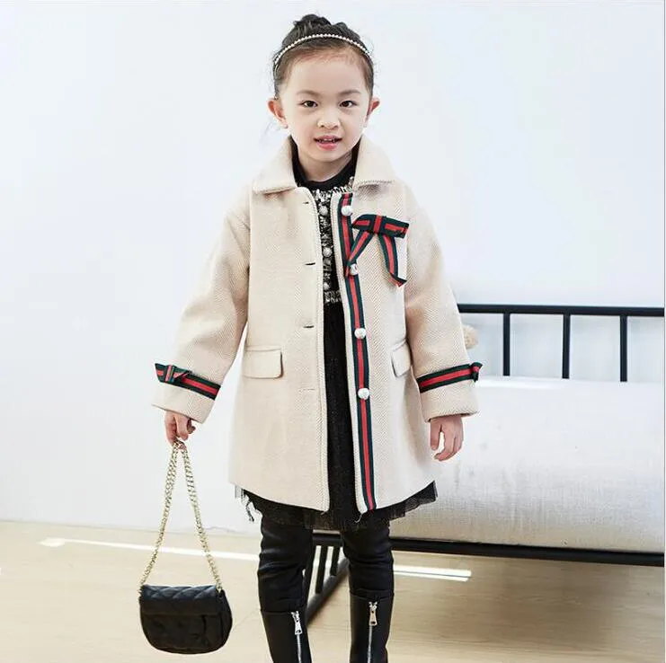 Manteaux en laine de Style long pour filles mignonnes avec bouton perle automne hiver enfants vestes vêtements d'extérieur pour filles 2-7 ans