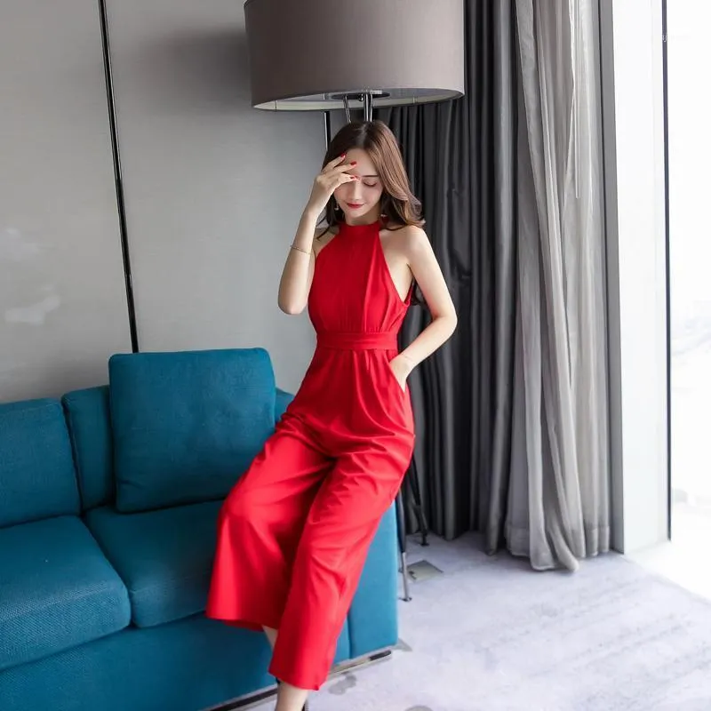 Women's Jumpsuits & Rompers Sleeveless Summer Female Fashion Celebrity Elegant Halter High Waist Jumpsuit Size S Red