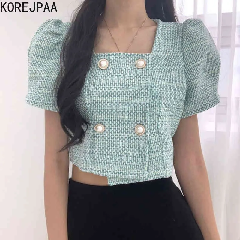 Women Jackets Summer Korean Chic Temperament Square Collar Pearl Double Breasted Puff Sleeve Irregular Tweed Coat 210514